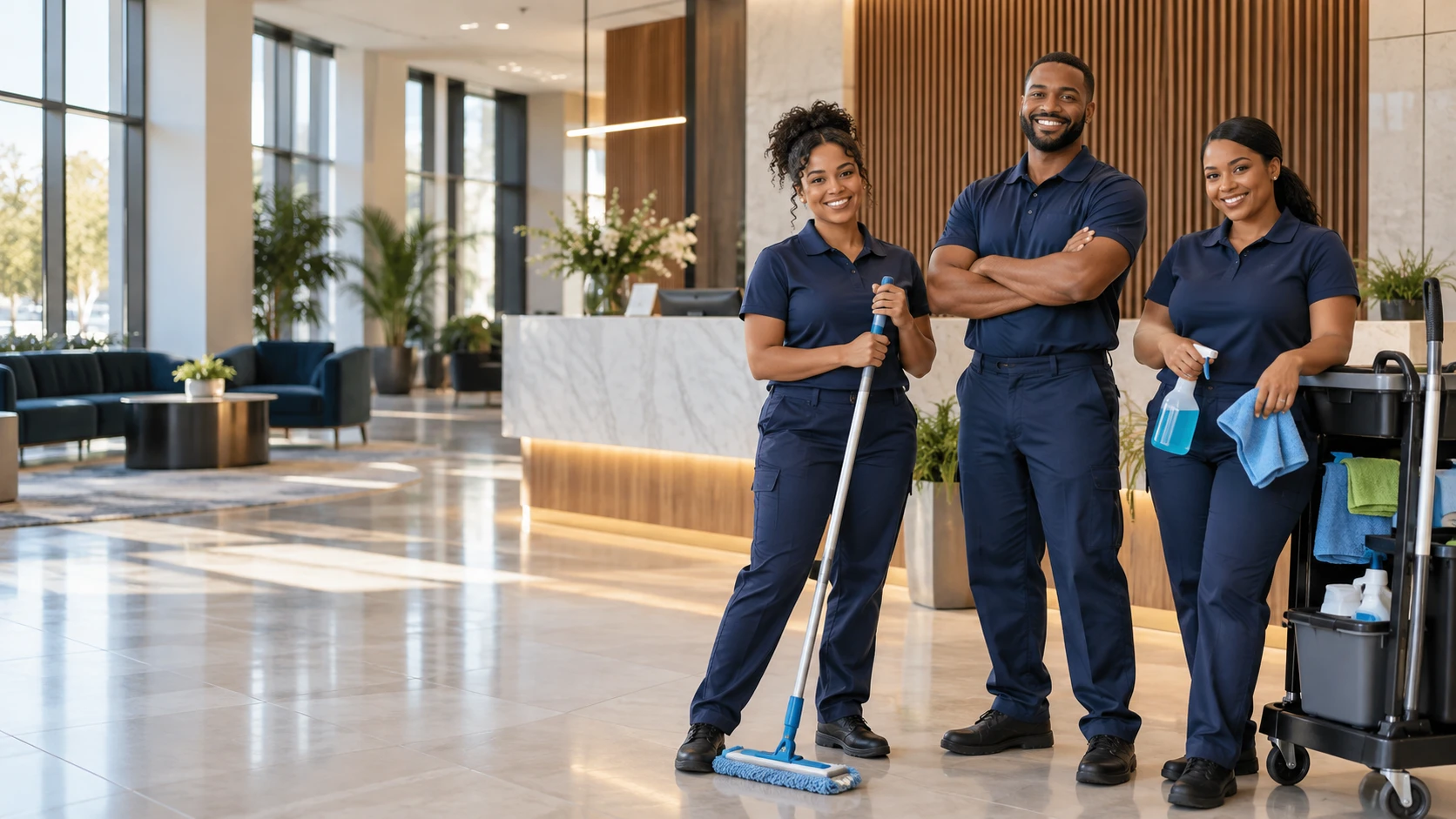 Illustration of a professional cleaning team in a bright modern reception