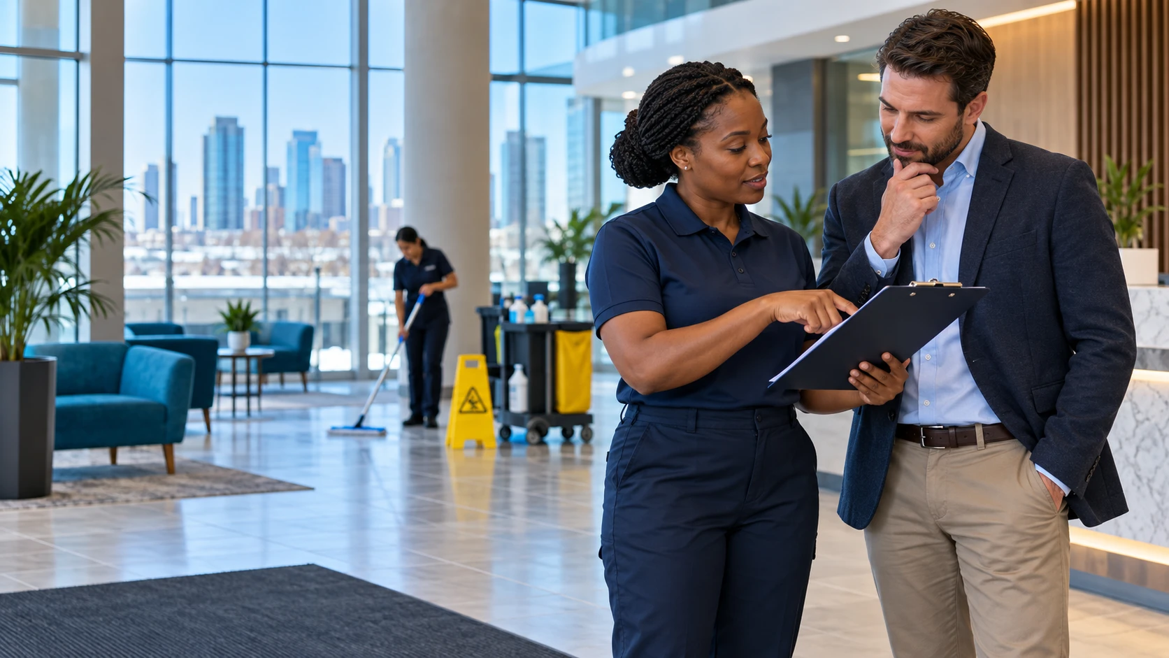 Cleaning supervisor and facilities manager reviewing a task checklist during an office walkthrough