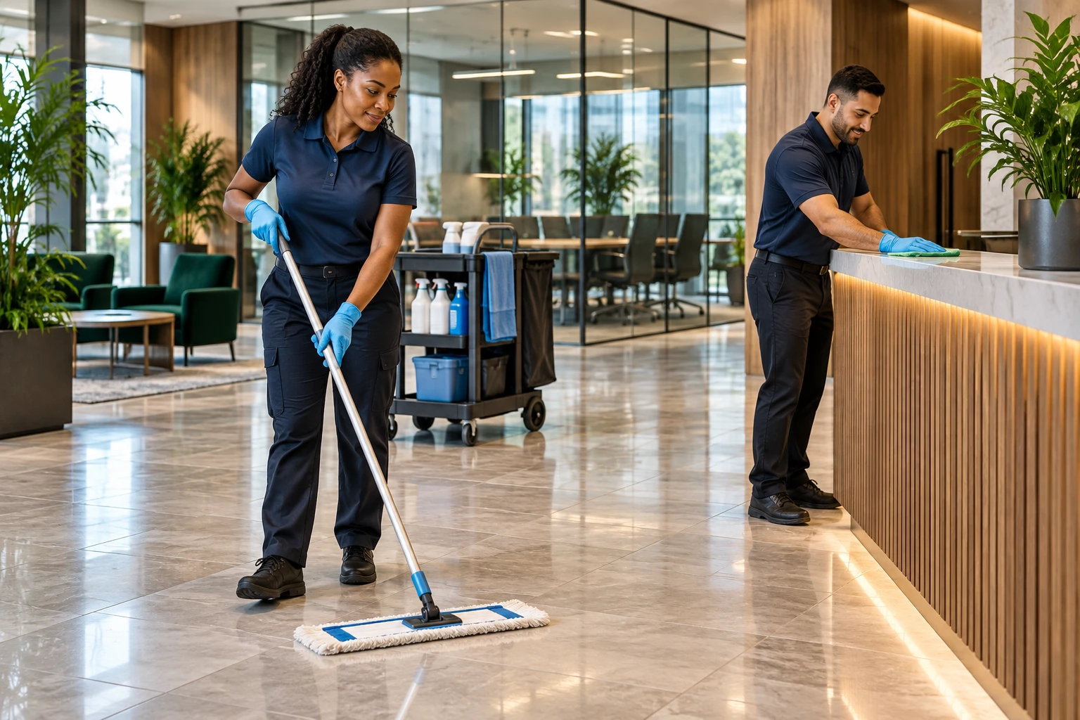 Illustration of cleaners working in a modern corporate lobby