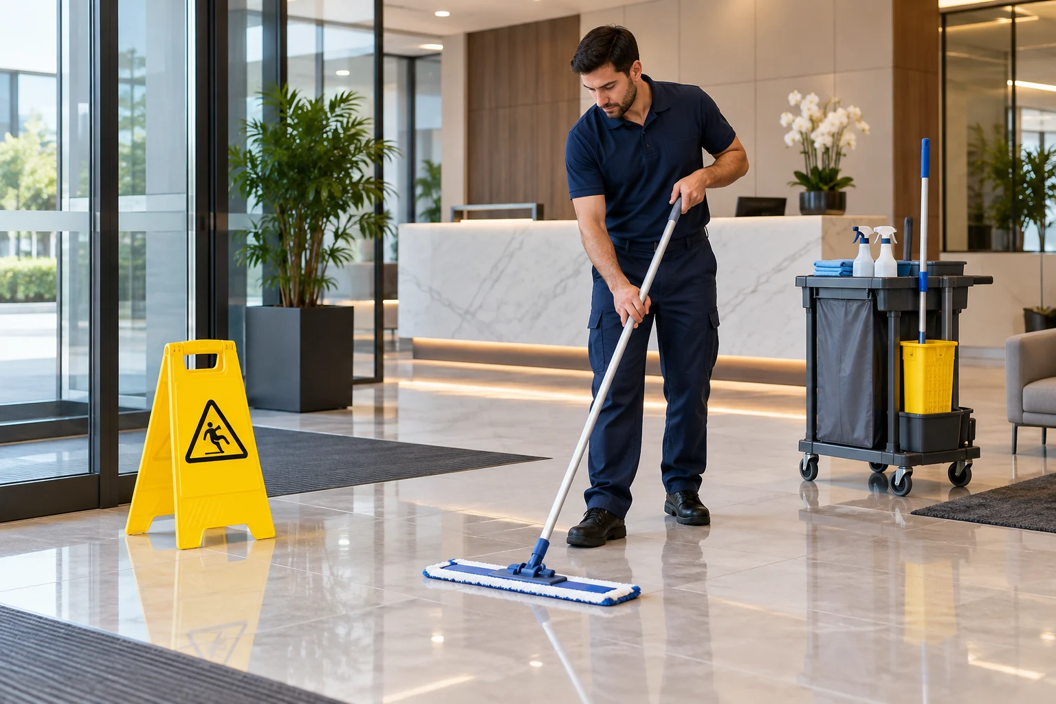 Illustration of floor cleaning with a flat mop and a caution sign at the work area